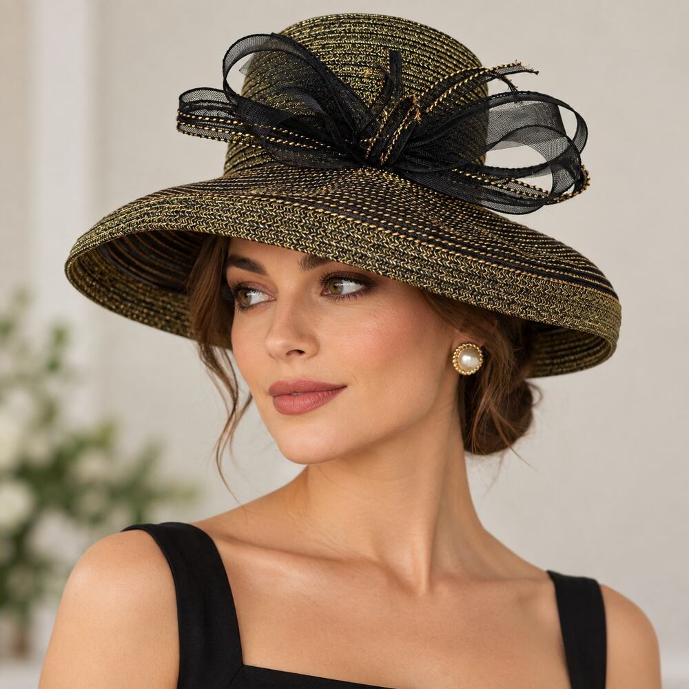 August Accessories Gold Black Wide Brim Hat NWT Derby Church Wedding